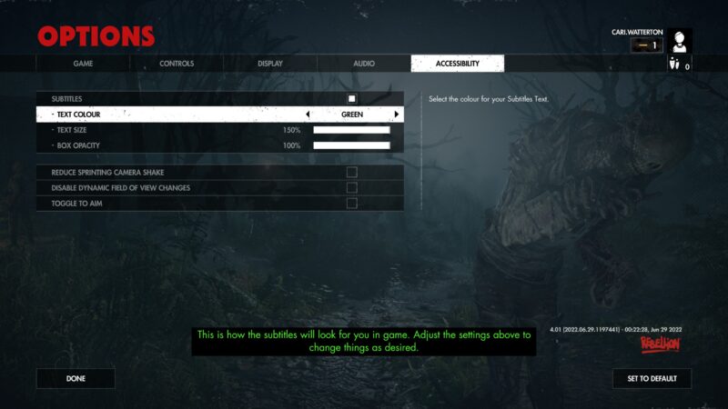 The Zombie Army 4 Options Menu. In the Accessibility tab, the “Subtitles Text Colour” is set to “Green”. At the bottom of the screen is a preview of the subtitles in green at 150% size, on a solid black ground.