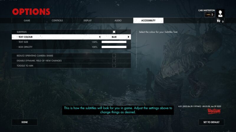 The Zombie Army 4 Options Menu. In the Accessibility tab, the “Subtitles Text Colour” is set to “Blue”. At the bottom of the screen is a preview of the subtitles in blue at 150% size, on a solid black ground.