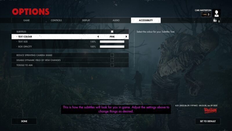The Zombie Army 4 Options Menu. In the Accessibility tab, the “Subtitles Text Colour” is set to “Pink”. At the bottom of the screen is a preview of the subtitles in pink at 150% size, on a solid black ground.