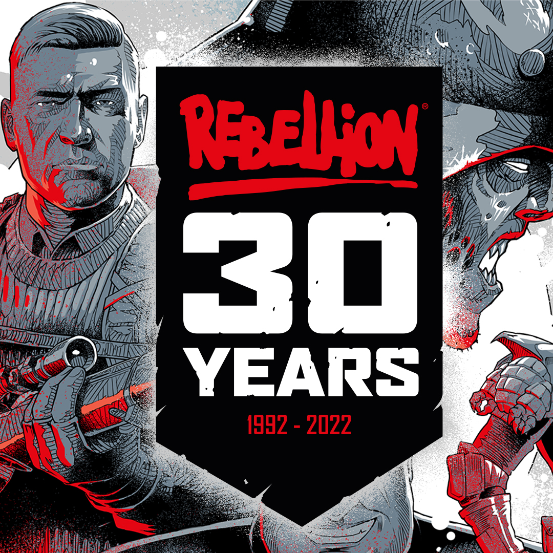 A sketching of Karl Fairburne, a Zombie, Evil Genius 2's Max and Judge Dredd sits behind a banner with the text 'Rebellion 30 Years 1992-2022'