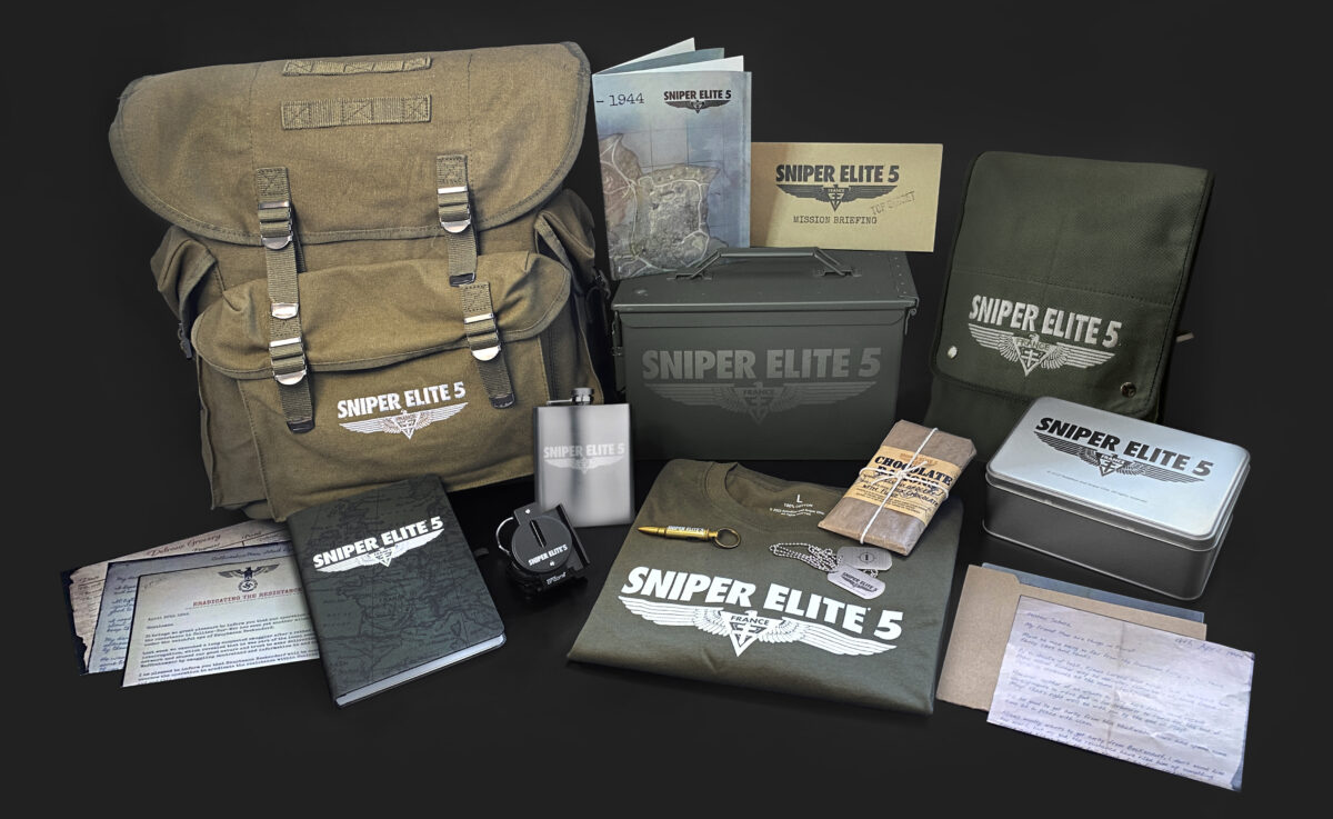 A Sniper Elite 5 branded Army Rucksack, Ammo Tin, Canvas Map Bag, Dog Tags, A5 Notebook, T-Shirt, Hip Flask, branded documents, compass and bullet key chain. 