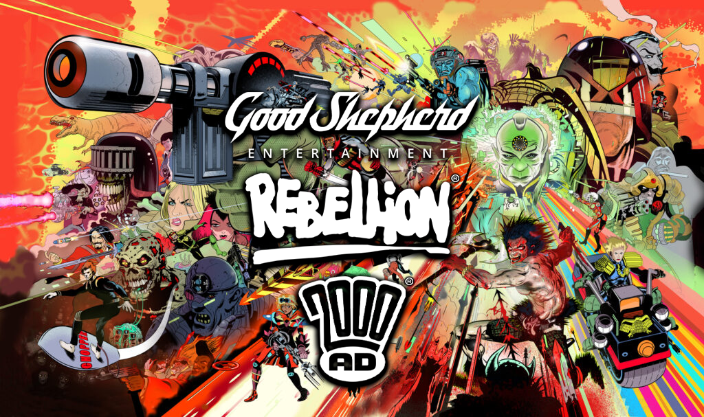 An image full to the brim with 2000 AD comic book characters including Judge Dredd. In the centre of the visual the text reads Good Shepherd Entertainment with the Rebellion and 2000 AD logos. 