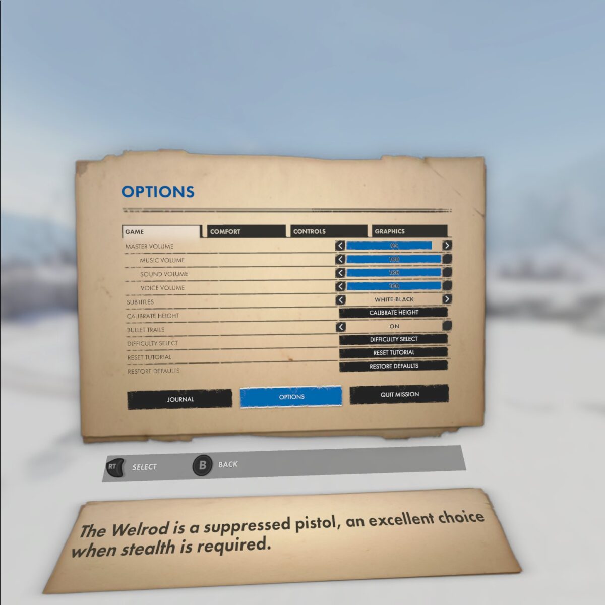 The Winter Warrior Options Menu. In the Game tab, listing options including volume sliders, subtitles, and difficulty.