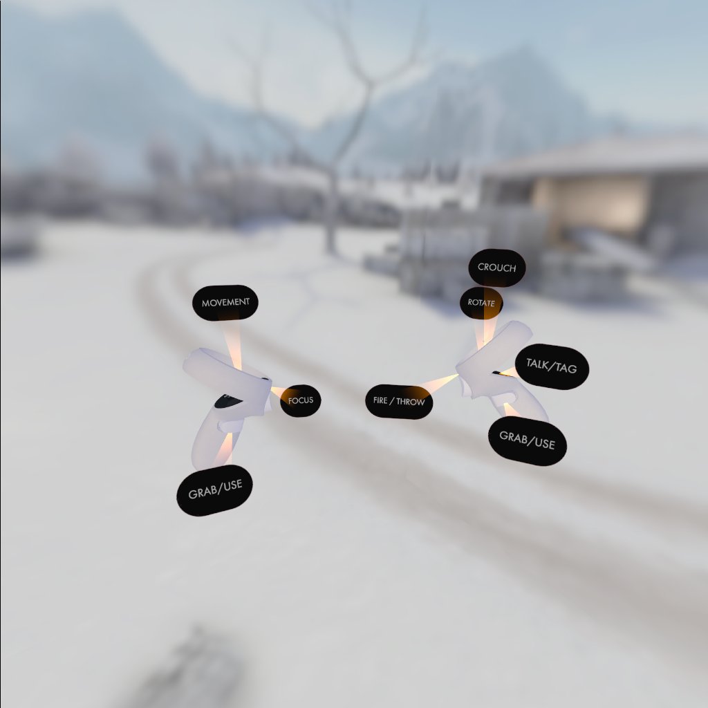 In a snowy scene, the Meta controllers are floating in the air with tooltips showing the controls visible. Controls are movement, focus, grab/use, rotate, fire/throw, crouch, talk/tag.