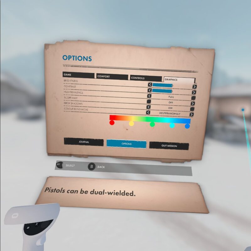 The Winter Warrior Options Menu. In the Graphics tab, options as visible including brightness, contrast, HUD and colour-blind settings. Colour-blind is open and set to Deuteranomaly. A colour spectrum at the bottom of the page shows how colours are altered for the mode.