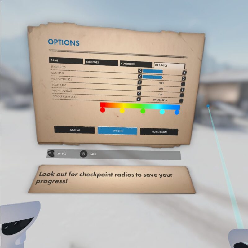 The Winter Warrior Options Menu. In the Graphics tab, options as visible including brightness, contrast, HUD and colour-blind settings. Colour-blind is open and set to Tritanopia. A colour spectrum at the bottom of the page shows how colours are altered for the mode.