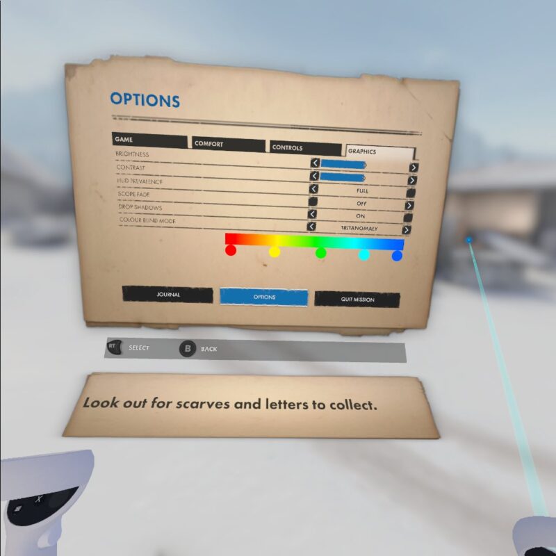 The Winter Warrior Options Menu. In the Graphics tab, options as visible including brightness, contrast, HUD and colour-blind settings. Colour-blind is open and set to Tritanomaly. A colour spectrum at the bottom of the page shows how colours are altered for the mode.