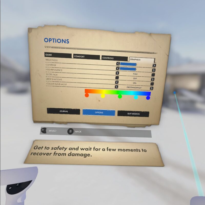 The Winter Warrior Options Menu. In the Graphics tab, options as visible including brightness, contrast, HUD and colour-blind settings. Colour-blind is open and set to Protanomaly. A colour spectrum at the bottom of the page shows how colours are altered for the mode.