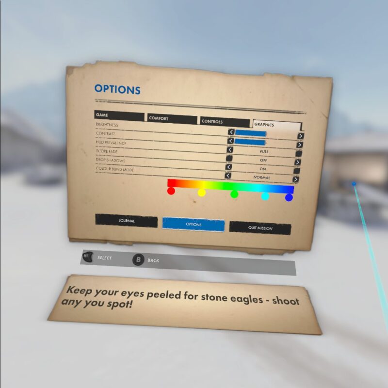 The Winter Warrior Options Menu. In the Graphics tab, options as visible including brightness, contrast, HUD and colour-blind settings. Colour-blind is open and set to Normal. A colour spectrum at the bottom of the page shows how colours are altered for the mode.