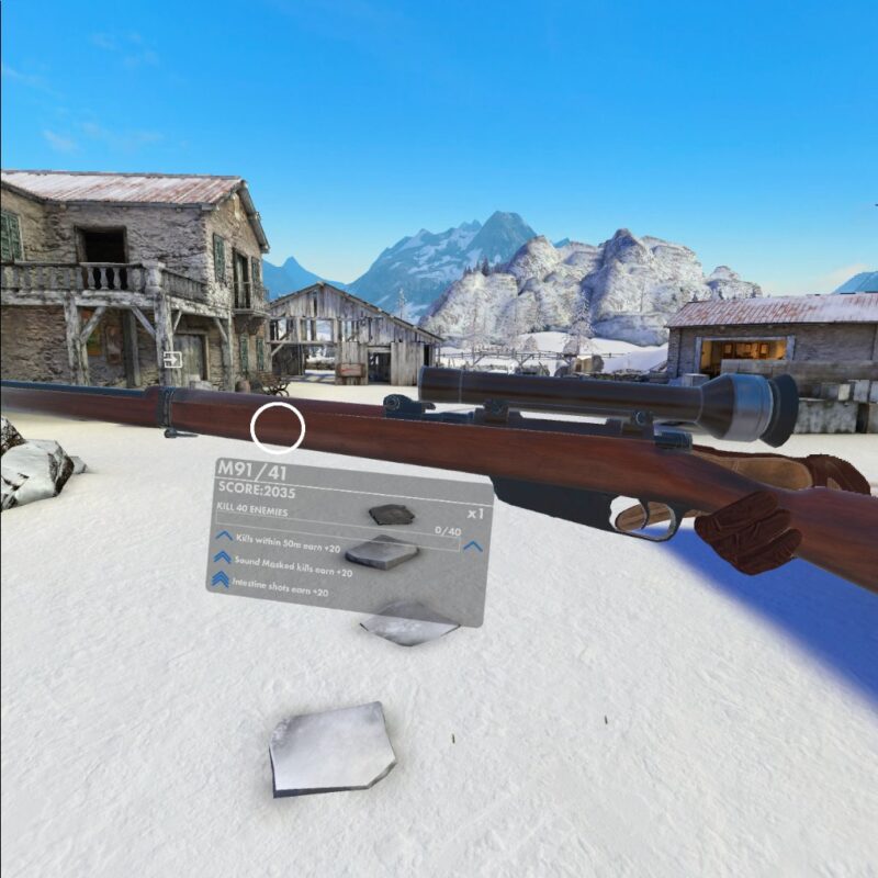 Gameplay of Winter Warrior showing the player examining a gun. A white circle is above a UI pop up shows the gun name, score, and an objective to kill 40 enemies with a progress bar next to it. Below the progress bar are optional objectives: Kills within 50m earn +20, Sound Masked kills earn +20 and Intestine shots earn +20. In the background an icon depicting a square with an arrow pointing into it is over a doorway.