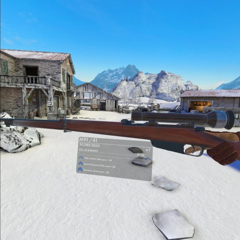 Gameplay of Winter Warrior showing the player examining a gun. A UI pop up shows the gun name, score, and an objective to kill 40 enemies with a progress bar next to it. Below the progress bar are optional objectives: Kills within 50m earn +20, Sound Masked kills earn +20 and Intestine shots earn +20. In the background an icon depicting a square with an arrow pointing into it is over a doorway.