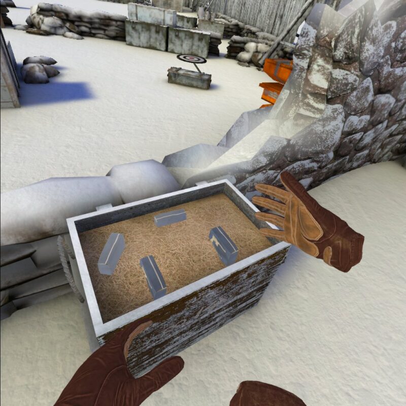 Gameplay of Winter Warrior showing the player examining a crate with objects in it. There is no UI.