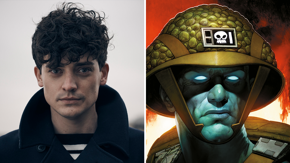 A headshot of actor Aneurin Barnard next to a head and shoulders shot of Rogue from 2000 AD's Rogue Trooper.