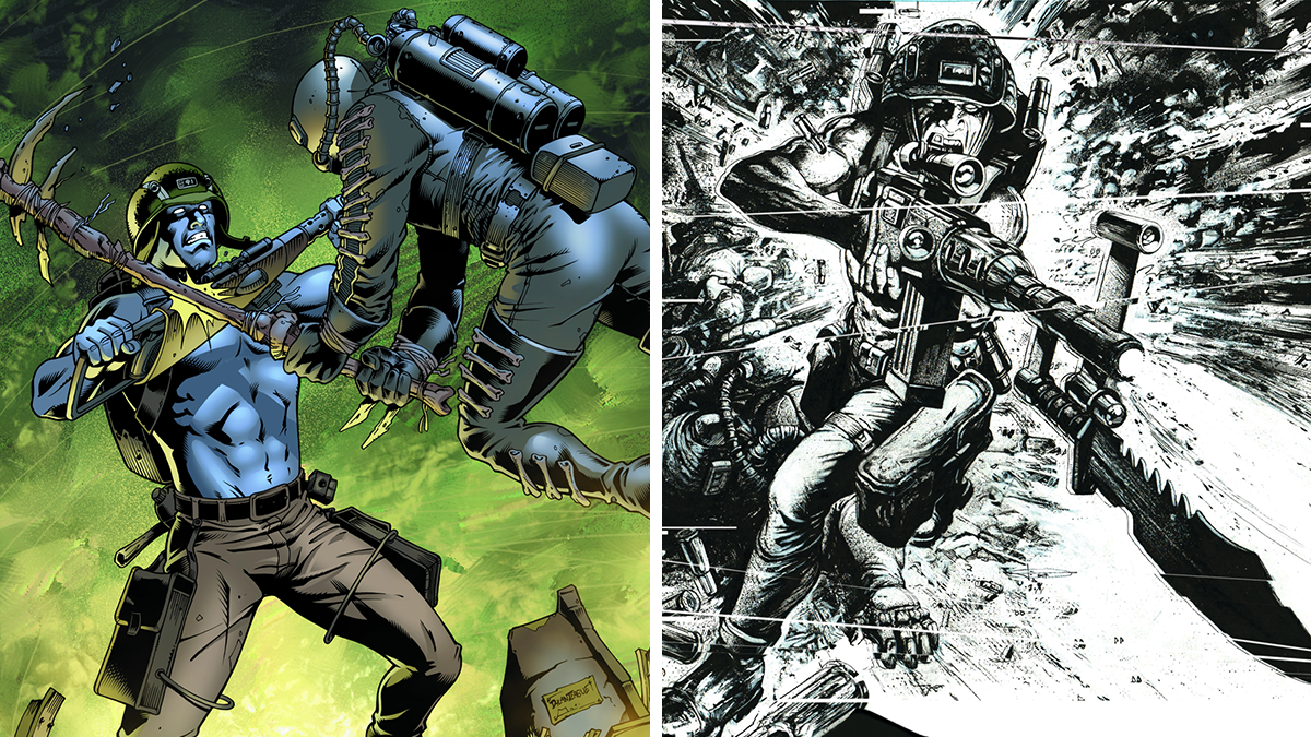 Two visuals of Rogue Trooper sit side by side. The visual on  the left is in full colour and pictures Rogue in a close quarters fight. The visual on the right is in black and white and pictures Rogue aiming and firing his weapon just off to the right. 