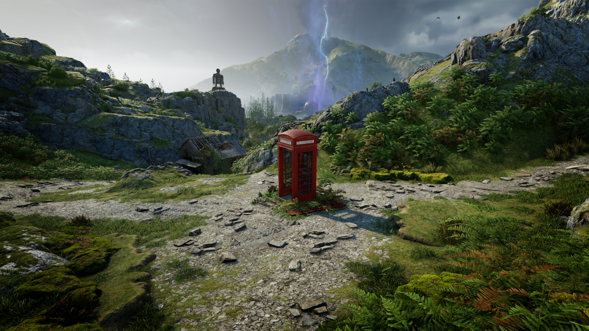 A screenshot of a British landscape with greenery and rolling hills. A power plant appears in the background with a lightening bolt striking it. A mysterious construction in the shape of a figure is also visible, alongside a dilapidated house. The white Atomfall logo is clearly visible, alongside an old fashioned red telephone box which appears front and centre.