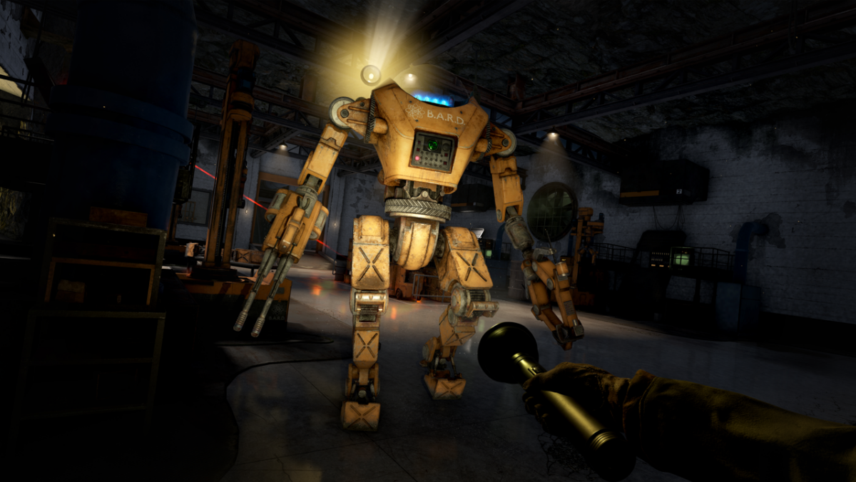 The character POV is first person, you are holding a flash light in your right hand. Infront of you is a striking yellow B.A.R.D robot walking towards you. The robots left arm is a gun and the right arm is a claw. Within the background the scenery is dark. 
