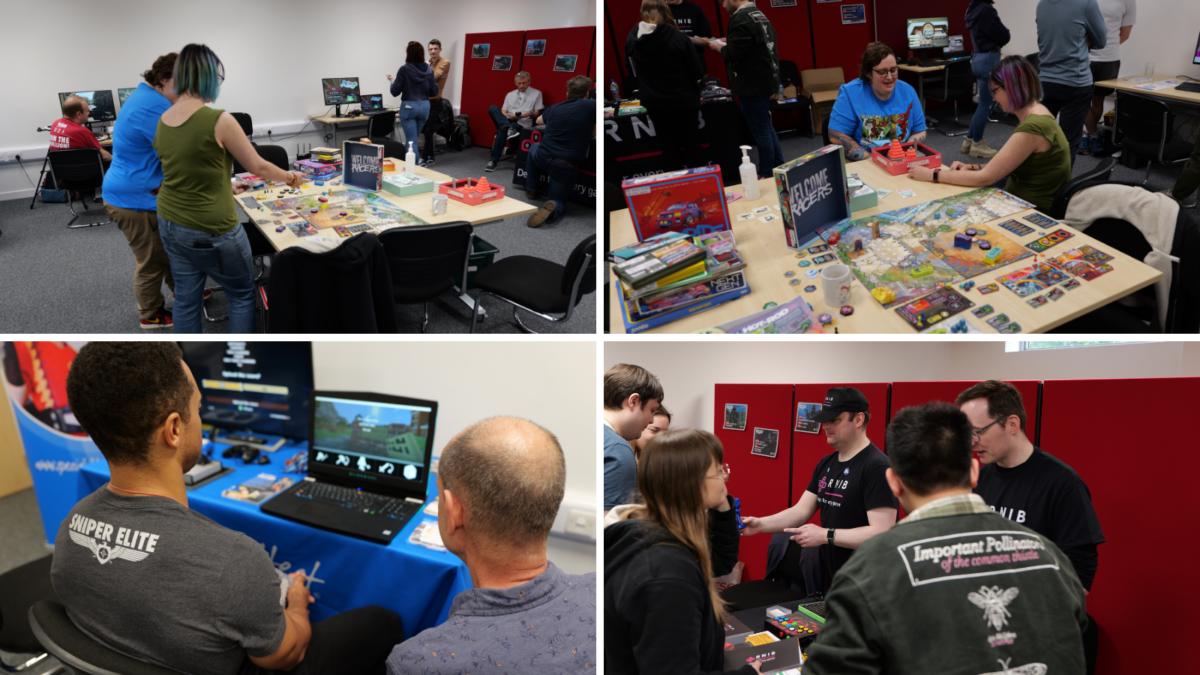 A collage showing the Rebellion GAAD expo 2024. Developers looking at boardgame accessibility options as well as in video games.
