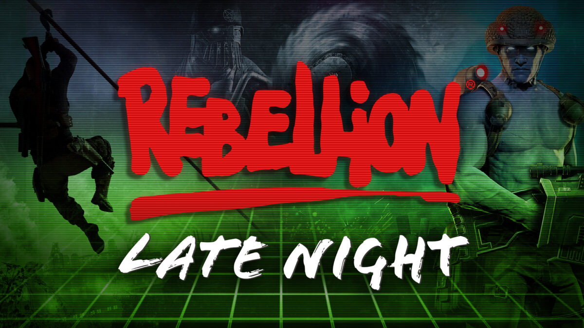 A graphic showing the Rebellion Late Night logo with characters from Rebellion games as a backdrop. These include Karl Fairburne from Sniper Elite, The Butcher from Zombie Army 4: Dead War and Rogue Trooper.