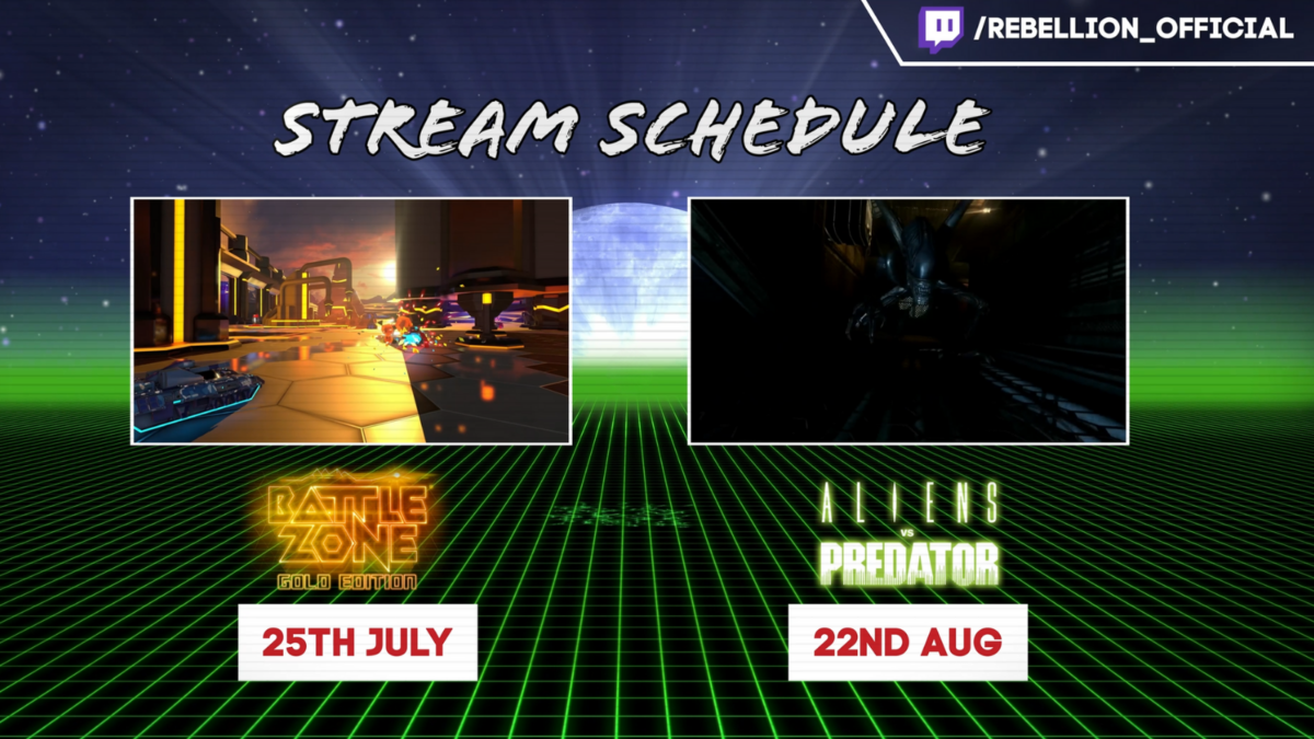 A graphic showing scenes from Battlezone Gold Edition and Aliens vs Predator. The date below Battlezone Gold states the 25th August and under Aliens vs Predator the 22nd August.