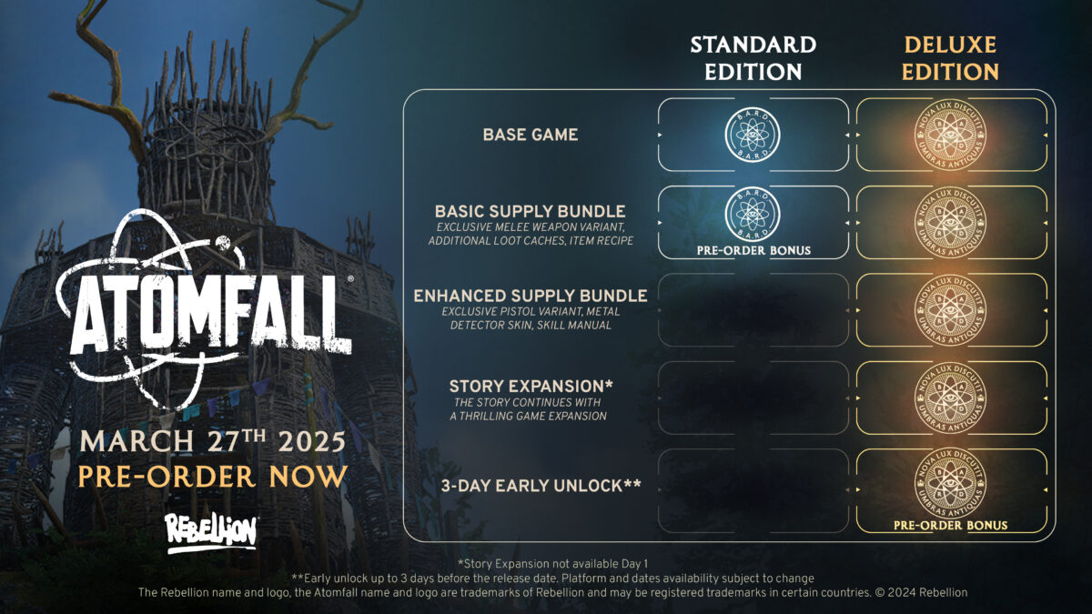 Atomfall logo on the left with an image of the Wicker Man behind it. Showing a table for Standard Edition and Deluxe Edition contents. Standard edition includes base game, and the basic supply bundle as a pre order bonus. The Deluxe edition includes base game, basic supply bundle, enhanced supply bundle, story expansion and 3 days early unlock as a pre order bonus.